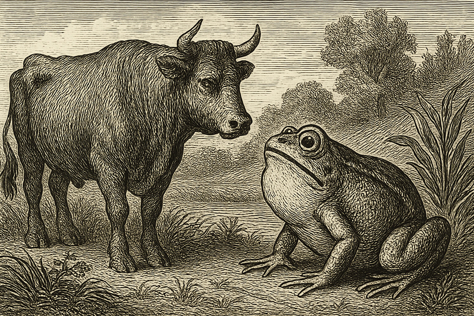 Illustration de La Grenouille qui se veut faire aussi grosse que le Bœuf de Jean de La Fontaine