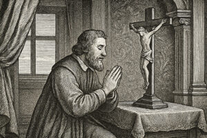 Illustration de Résumé Tartuffe de Molière, mettant en scène un personnage central dans un intérieur classique.